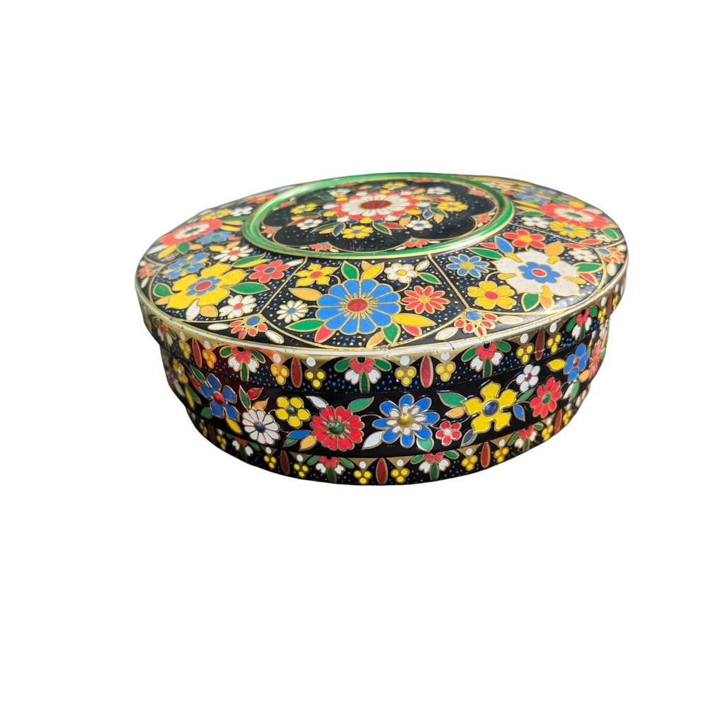 Vintage Daher Decorated Ware Floral Tin Round Made in England Black Gold Multi